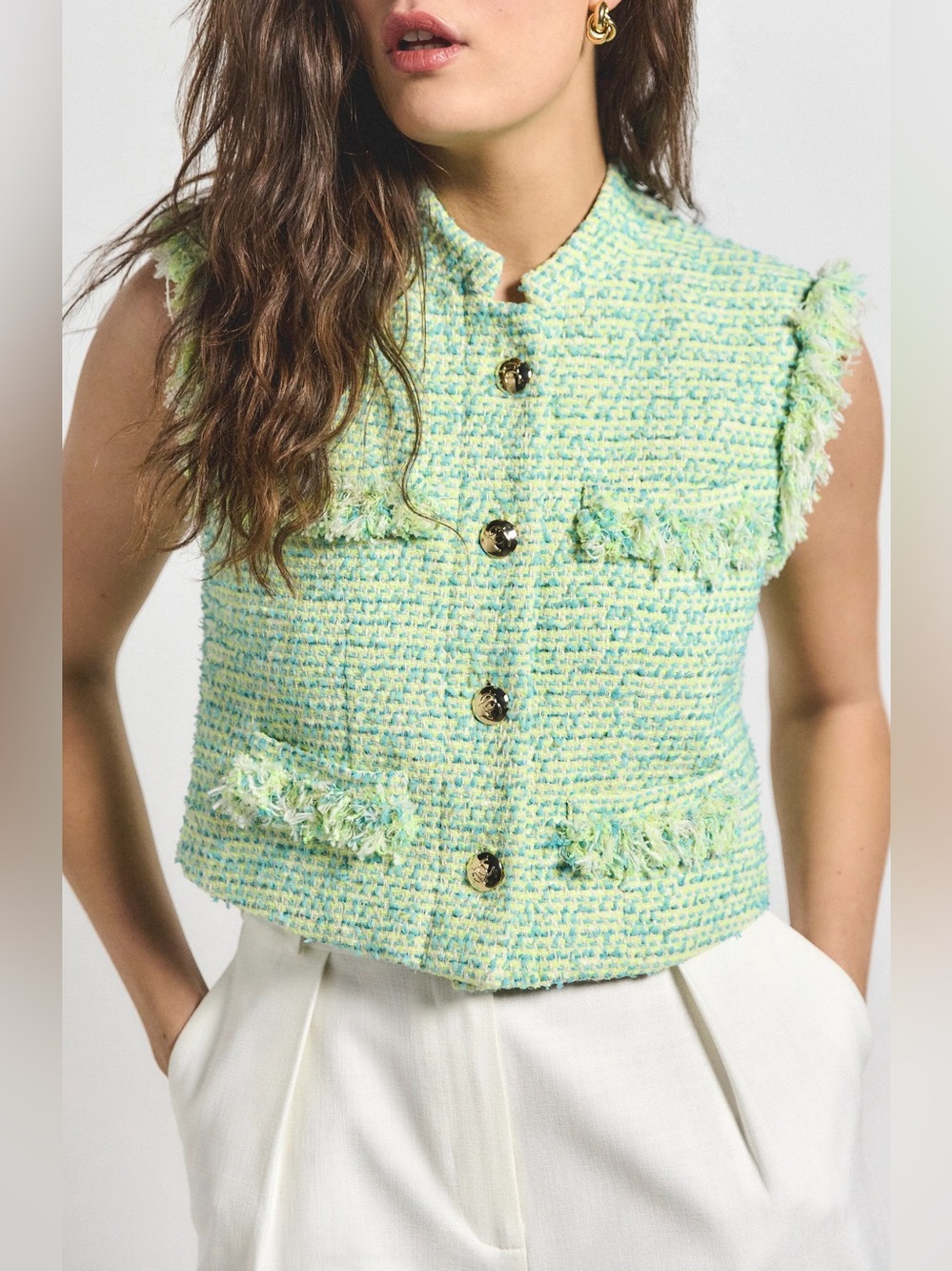 Derek Lam 10 Crosby Loa Cotton Blend Tweed Vest 4 Electric Green Blue Fringe